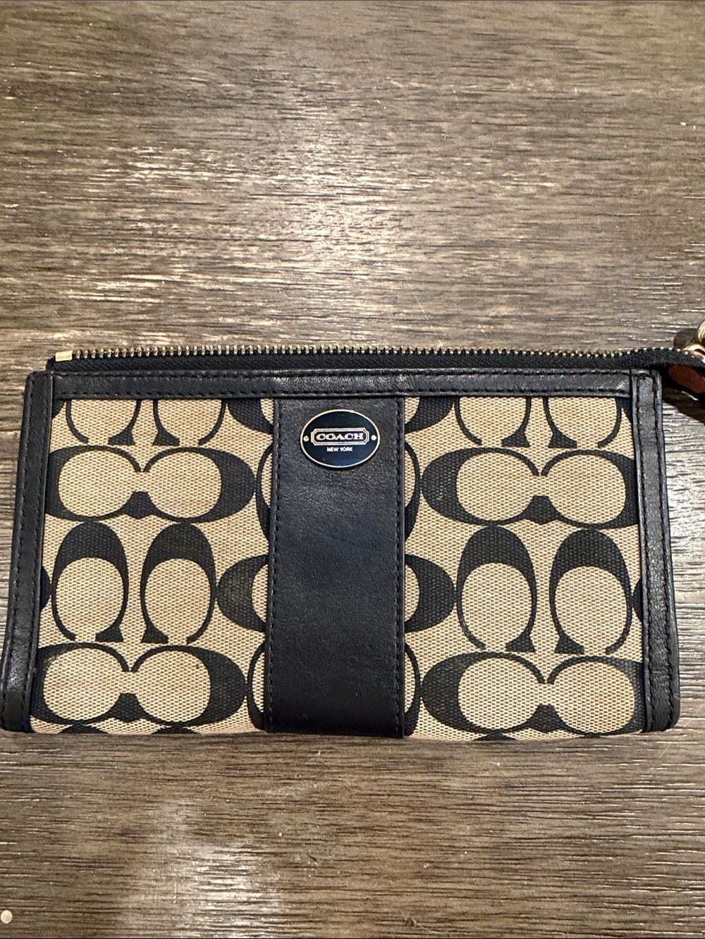Coach Canvas Signature Zip Wristlet in Khaki and Black